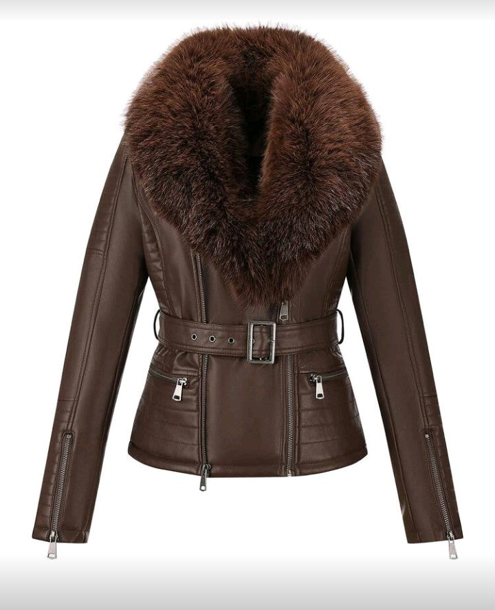 Giolshon Women's Fall And Winter Imitation Leather Jacket Removable Fur Collar Motorcycle Fake Fur Collar Jacket Complimentary Belt