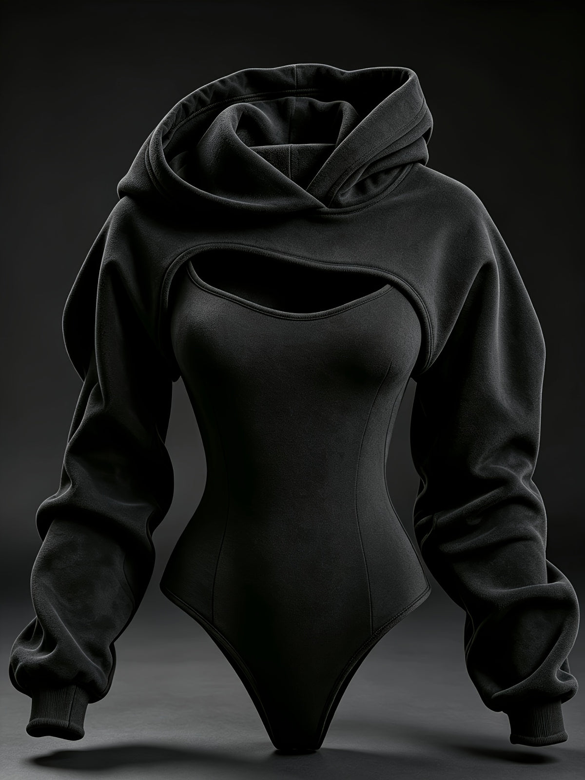 2026 Women'S Typography Graphic Print Hooded Two Piece Look Bodysuit, Long Sleeve Cutout Slim Fit, Playful Graphic Casual Style for Parties And Everyday Wear, Fall And Winter