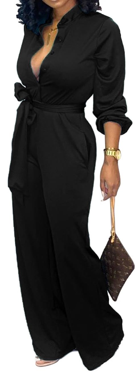Women Jumpsuits For Elegant Sexy V Neck Long Sleeve Casual for Work Wide Leg Pants with Pockets Belt