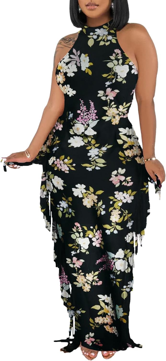 2 Piece Outfits for Women Sexy Crop Top Ruched Bodycon Maxi Dresses Fringe Skirt Sets Night Club Jumpsuits