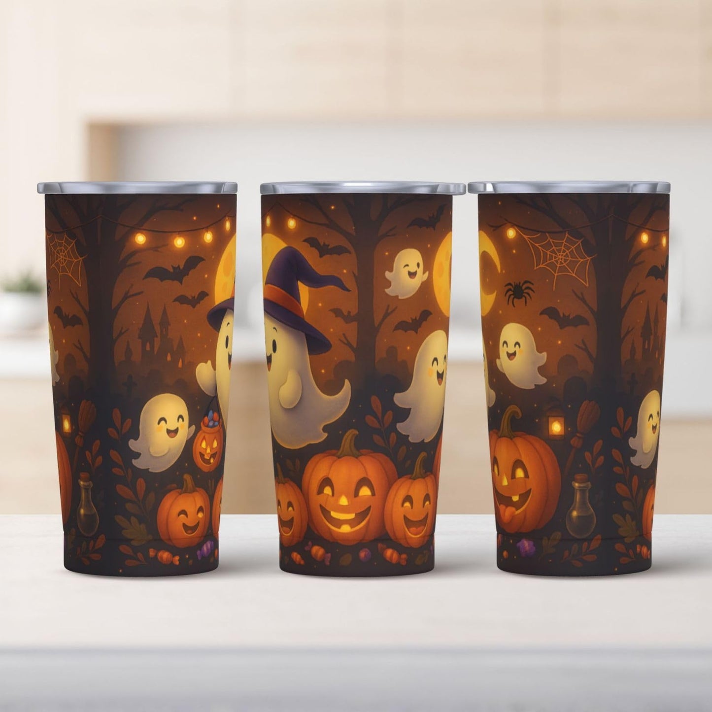 Halloween Tumbler 20 oz - Cute Ghost & Pumpkin Stainless Steel Insulated Cup with Lid & Straw, Double Wall Vacuum Travel Mug, Spooky Halloween Gifts for Women, Teens, Kids - Fall Autumn Decor