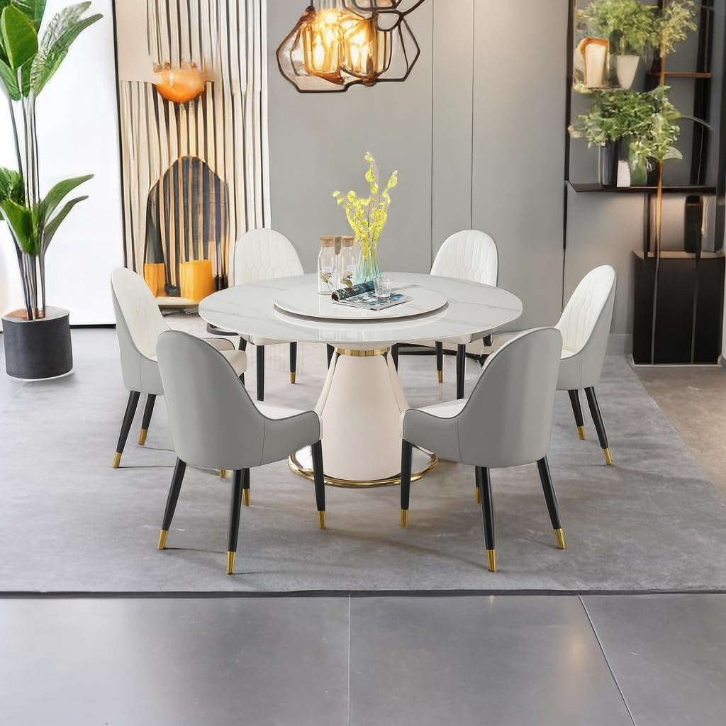 59" Round Dining Table Set for 8 with Lazy Susan Modern Sintered Stone 9 Pieces Dining Room Table Set with 8 Chairs and 31.5" Round Turntable