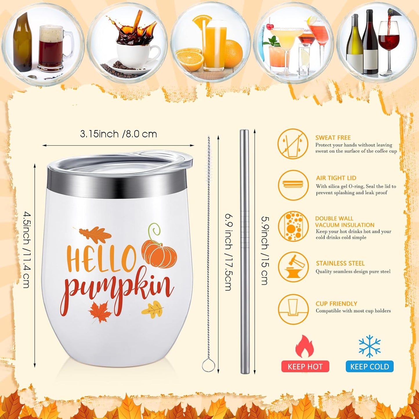 10 Pcs Thanksgiving Fall Tumbler with Lid and Straw Happy Fall Gift 12 oz Pumpkin Coffee Mug Wine Tumbler Maple Leaves Autumn Travel Mug Stainless Steel Insulated for Thanksgiving Party Favor