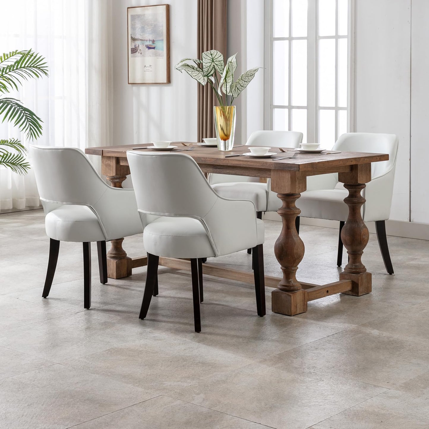 Linen Dining Chairs Set of 4 Upholstered Accent Chairs Side Chair with Wood Legs for Living Room/Dining Room/Bedroom/Restaurant, Cream