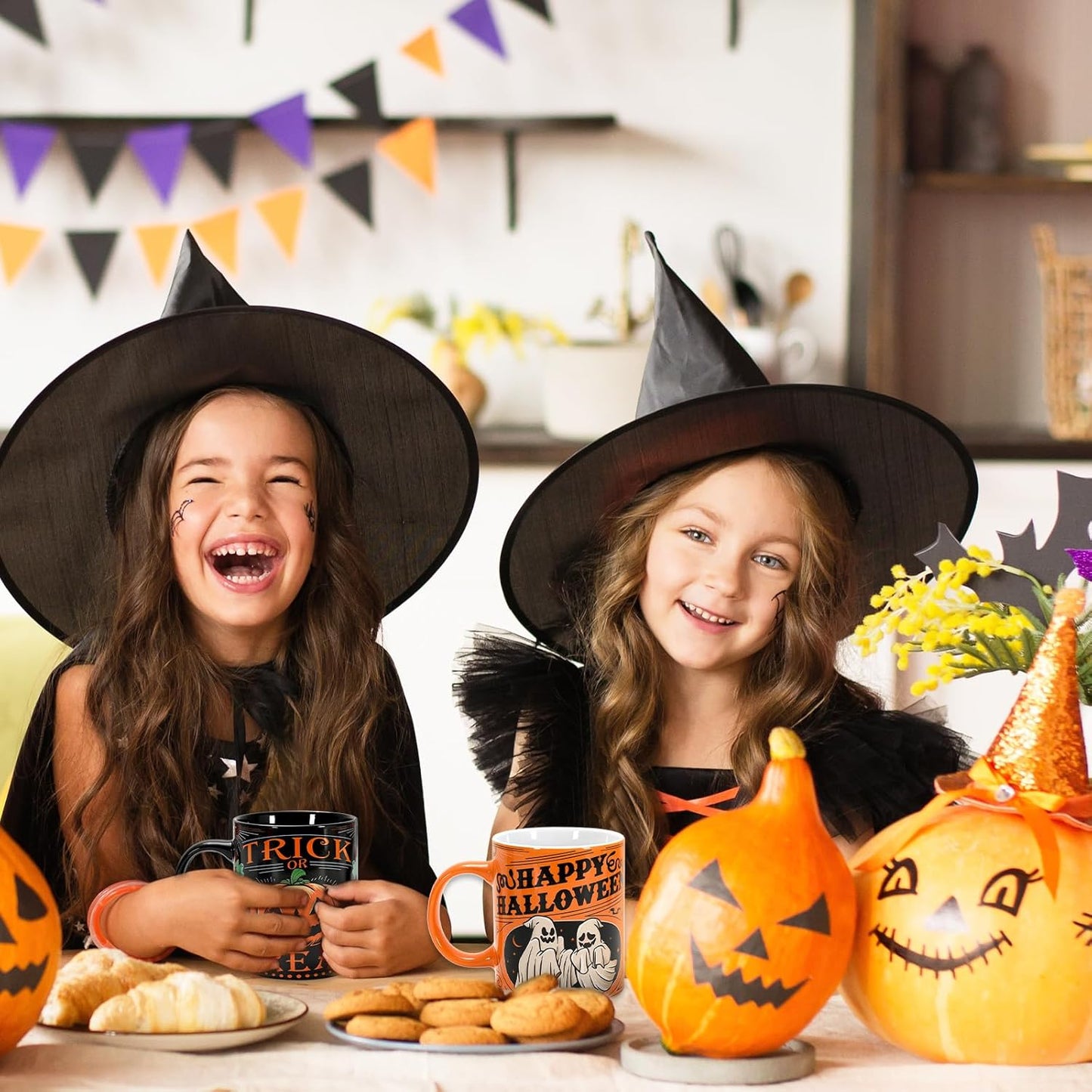 4Pcs Halloween Mugs Pumpkin Black Cat Ghost Skeleton Coffee Mug Orange Black Ceramic Drinking Cup for Halloween Party Table Centerpieces, 12oz