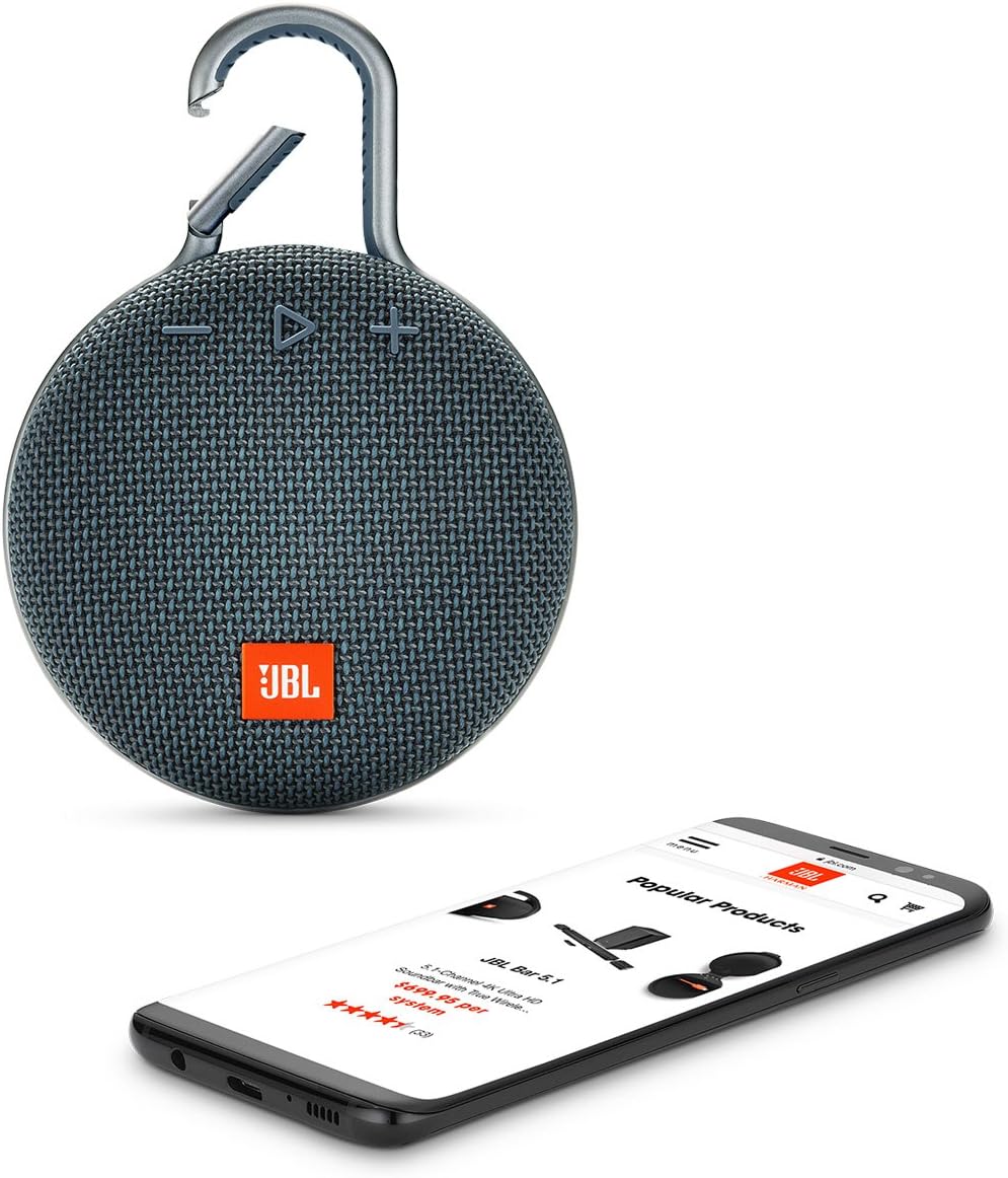 JBL Clip 3, Blue - Waterproof, Durable & Portable Bluetooth Speaker - Up to 10 Hours of Play - Includes Noise-Cancelling Speakerphone & Wireless Streaming