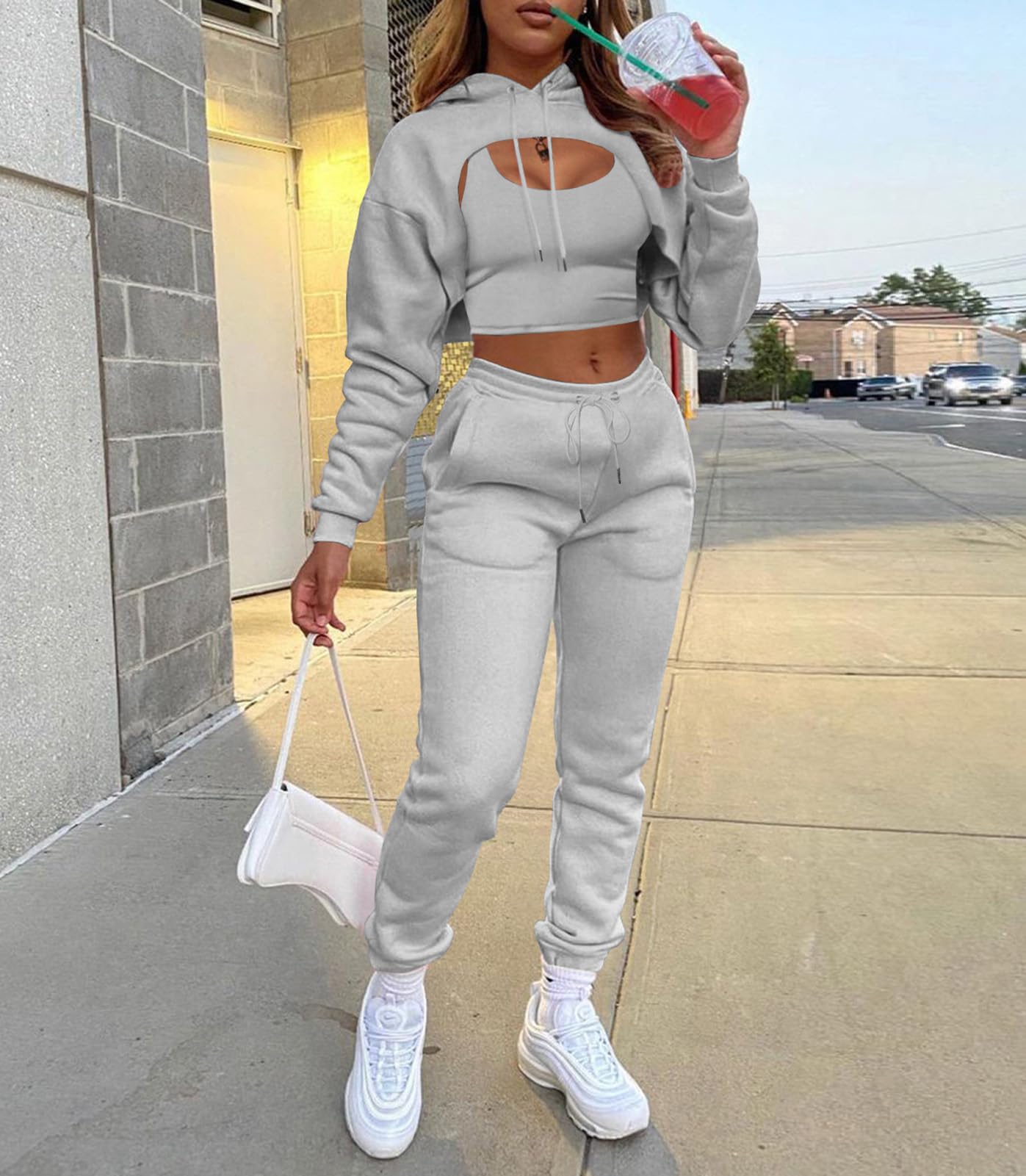 Adogirl Women 3 Piece Outfits Tracksuits Set Sexy Long Sleeve Pullover Hoodie Tank Crop Tops Jogger Sweatpants Sweatsuits