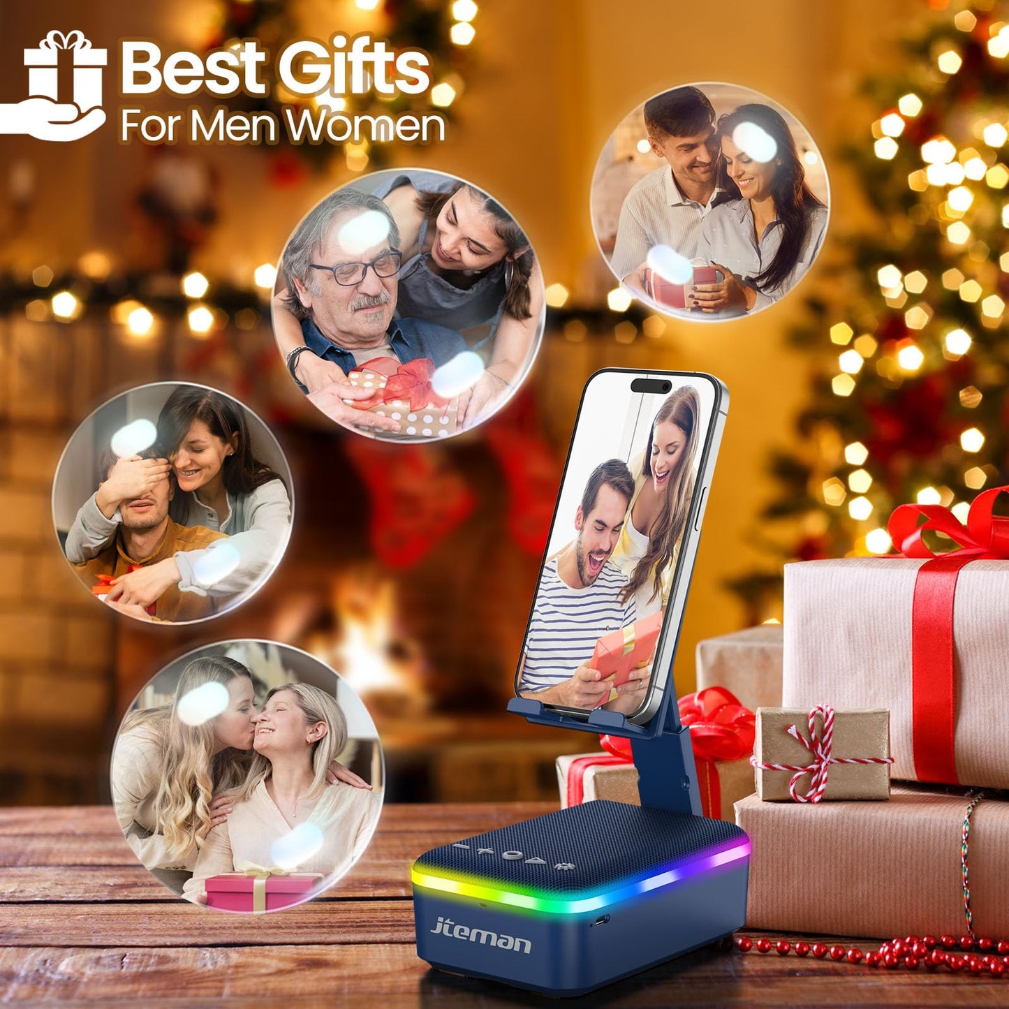 JTEMAN Gifts for Men Women,Cell Phone Stand with Bluetooth Speaker and LED Light,Cool Tech Gadgets,Unique Birthday Gifts for Men Husband Mom Dad-Pink