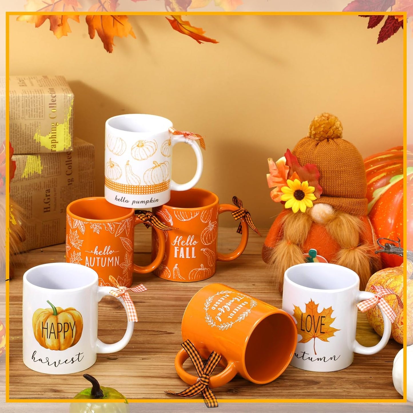 Lallisa 6 Pcs Fall Thanksgiving Ceramic Coffee Mugs Set 11 oz Cup Hello Pumpkin Harvest Maple Leaf Farmhouse Autumn Decorations for Home Kitchen Gift