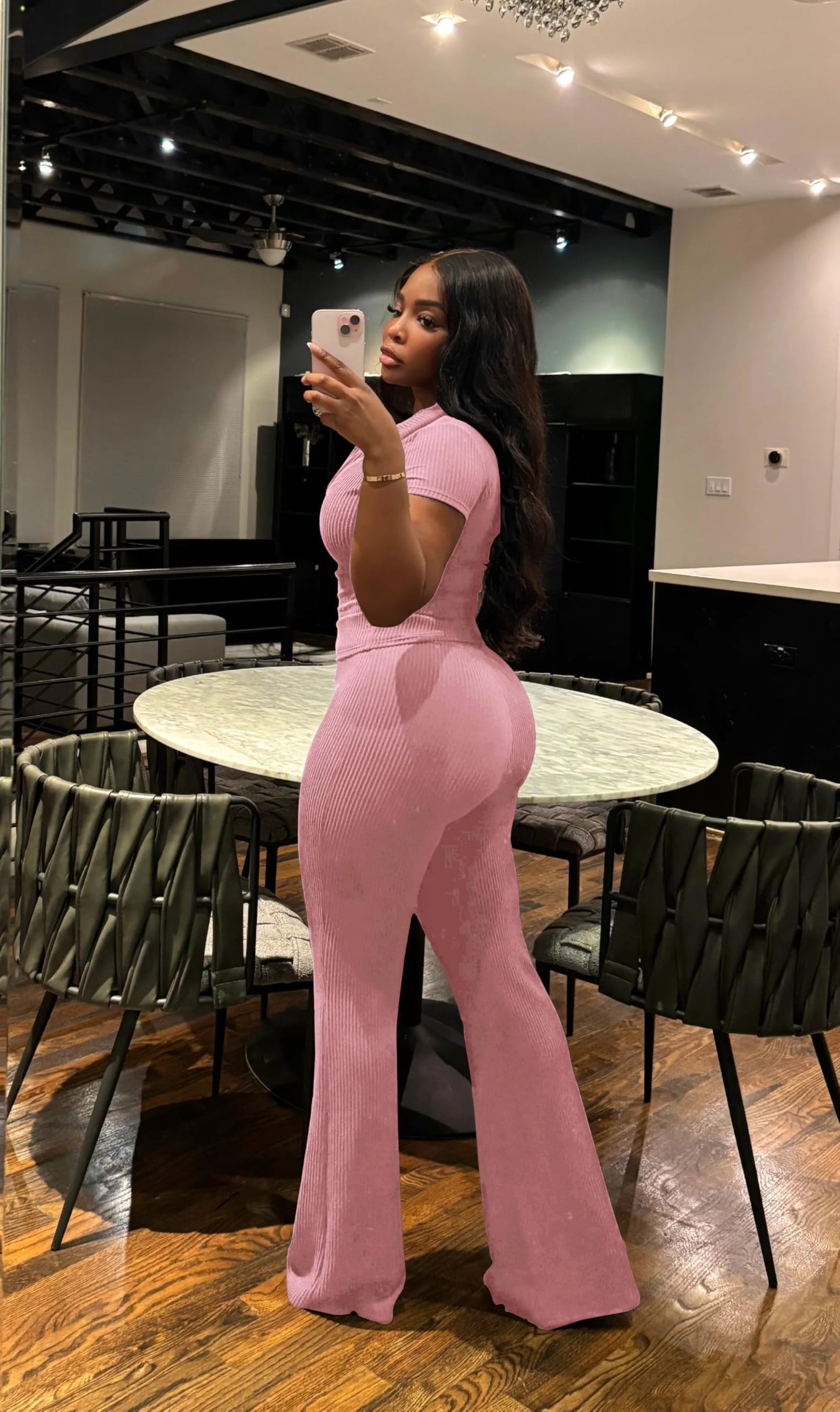 HBQ Women Two Piece Outfit Ribbed Short Sleeve V Neck Polo Top and Flare Pants Casual Lounge Sets Tracksuit