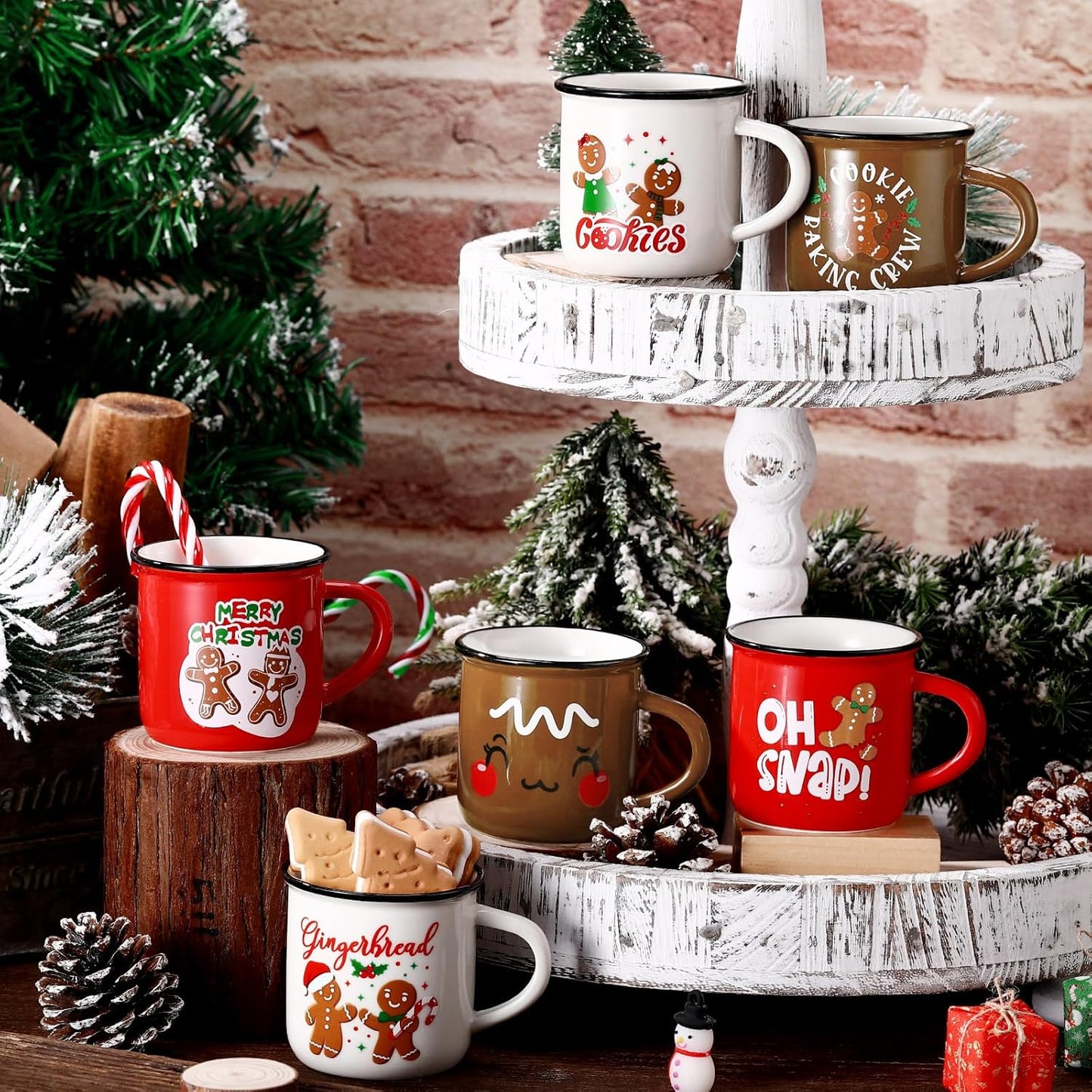 6 Pcs Christmas Mini Coffee Mugs Xmas Mini Coffee Cups Christmas Mugs with Ribbons for Home Tiered Tray Decor Xmas Winter Holiday Kitchen Bar Decorations Housewarming Gifts (Gingerbread Man)
