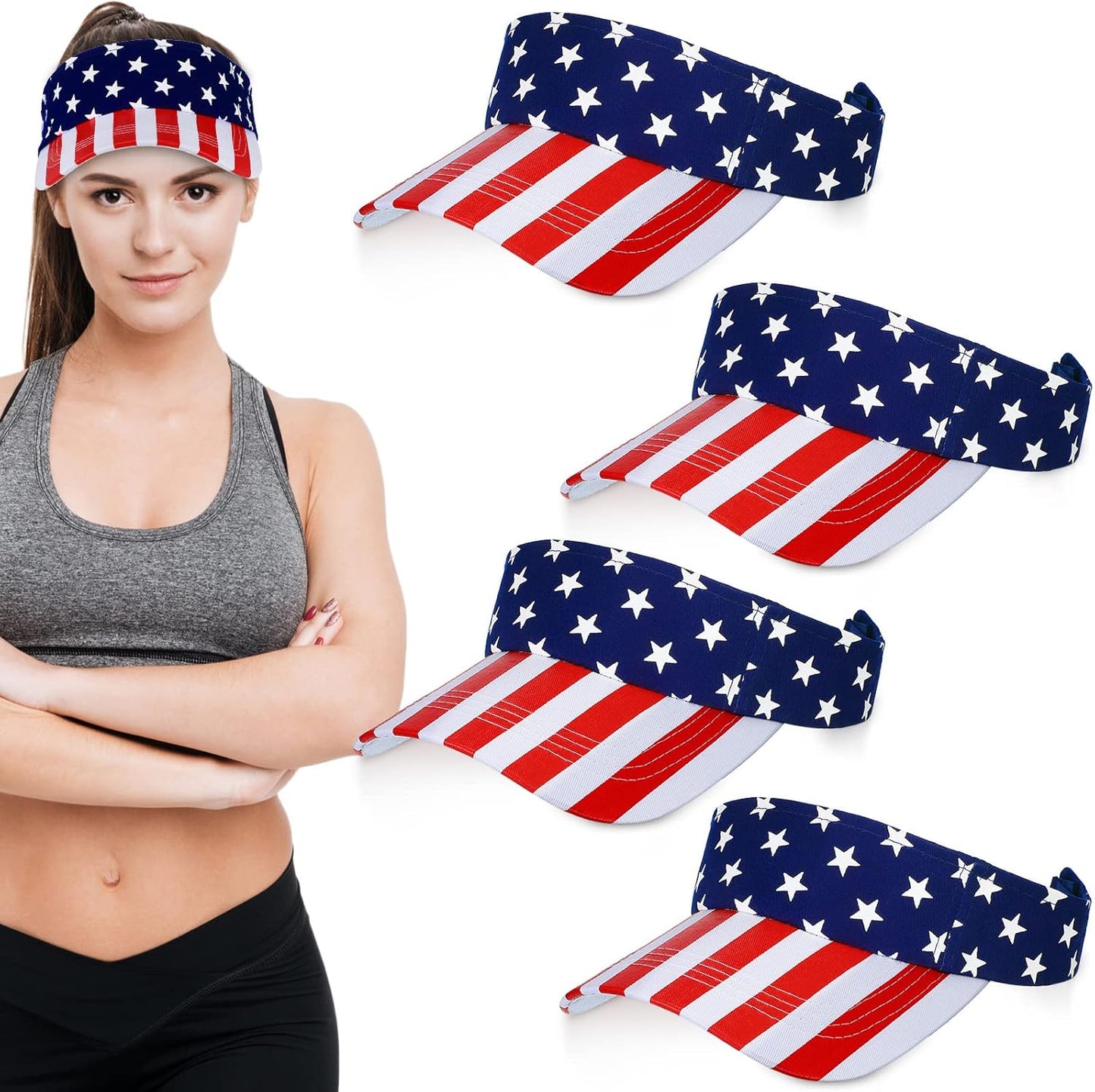 4 Pieces American USA Flag Visor Patriotic Visor Star Stripe Sun Visor Hat Adjustable Printed Twill Sun Protection Hat for Men Women