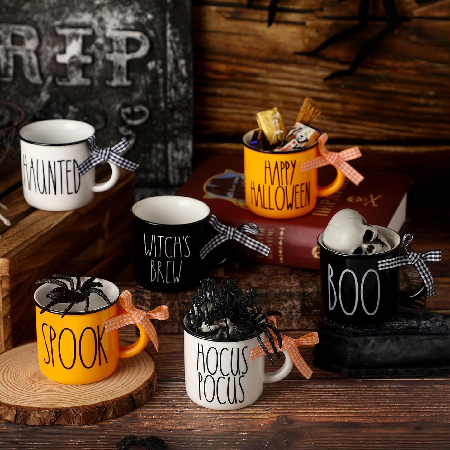 Halloween Mini Coffee Mugs Set of 6 Pumpkin Ghost Witch Mini Coffee Cups Tiered Tray Decor for Halloween Kitchen Bar Coffee Decoration Centerpiece Housewarming Gift