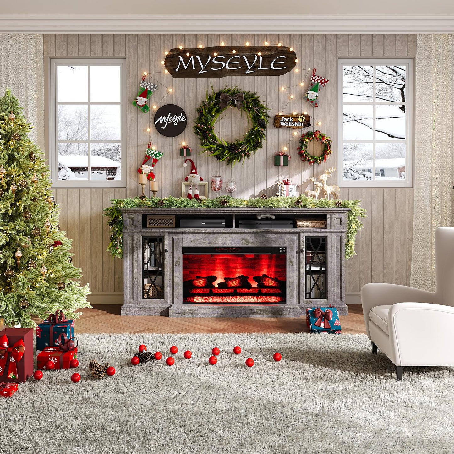 AMERLIFE 70" Farmhouse Heavy Fireplace TV Stand with 33" Electric Fireplace, for 80" TVs up, Media Entertainment Center with Diamond Door, TV Console Storage Cabinet for Living Room, White & Barnwood