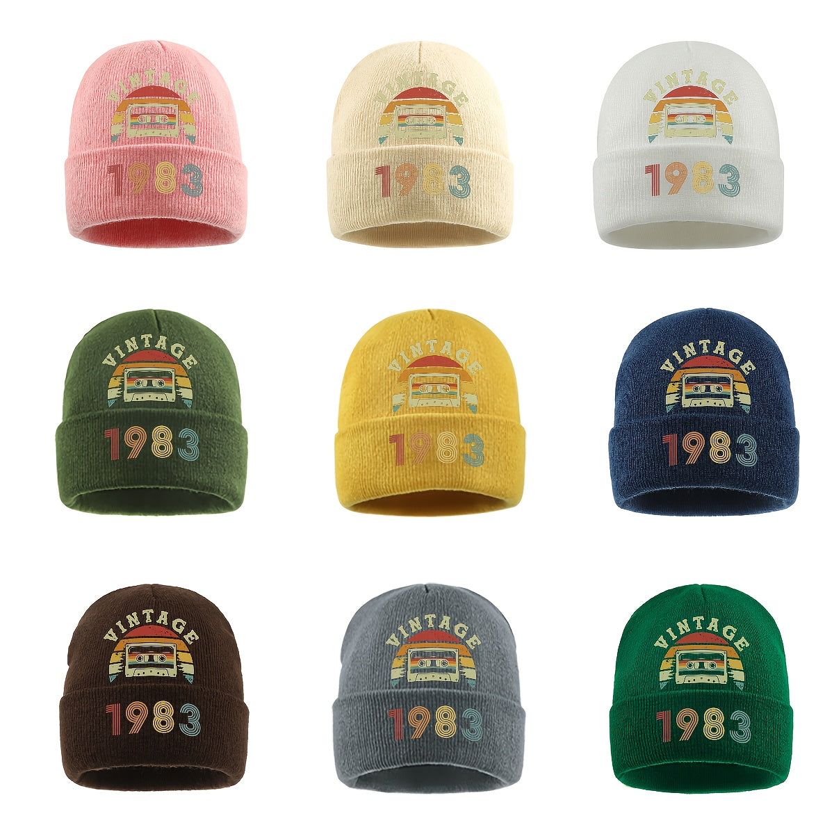 Unisex 1983 Vintage Cassette Beanie Hat with Rainbow Print