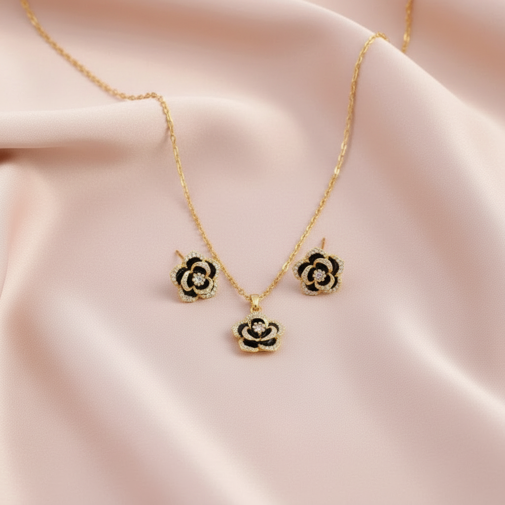 18 Karate Gold - Plated Flower Jewelry Set with a Green Tone Incorporated Color