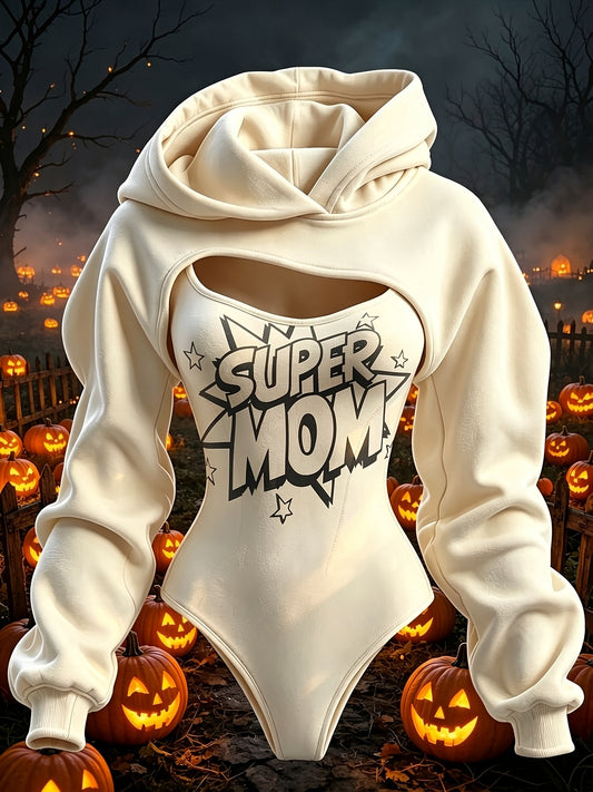 2026 Women'S Typography Graphic Print Hooded Two Piece Look Bodysuit, Long Sleeve Cutout Slim Fit, Playful Graphic Casual Style for Parties And Everyday Wear, Fall And Winter