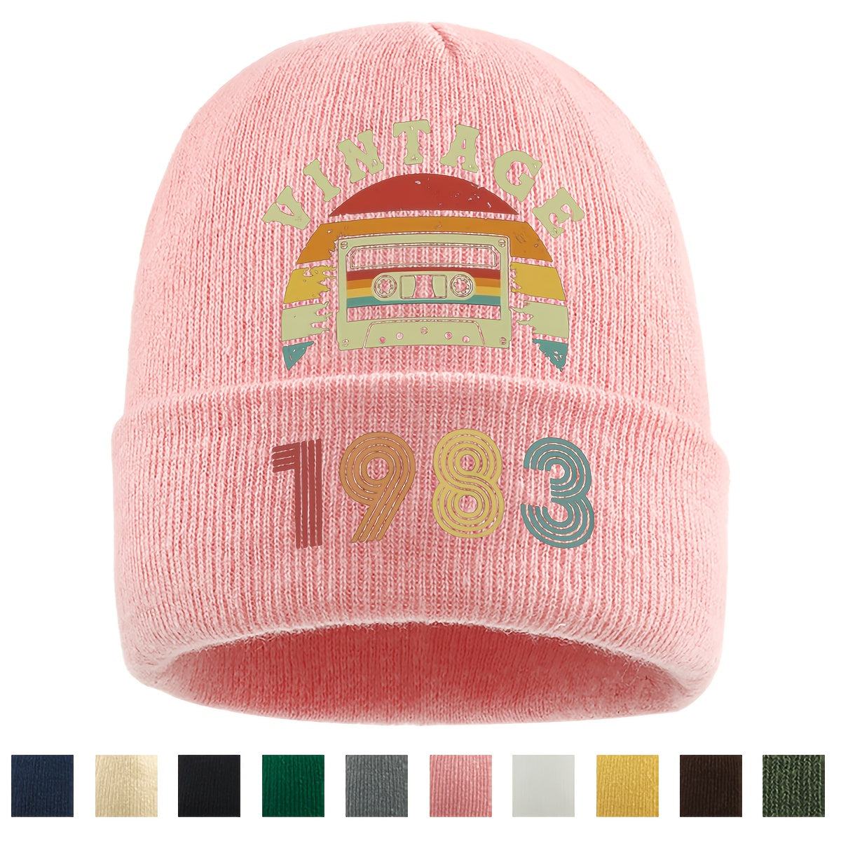 Unisex 1983 Vintage Cassette Beanie Hat with Rainbow Print
