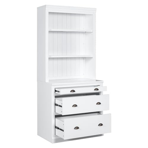 Merax 83.4" Tall Storage Bookshelf Bookcase Suite 2-Piece Set with LED Lighting,3 Drawer and Open Shelves for Home Office,White