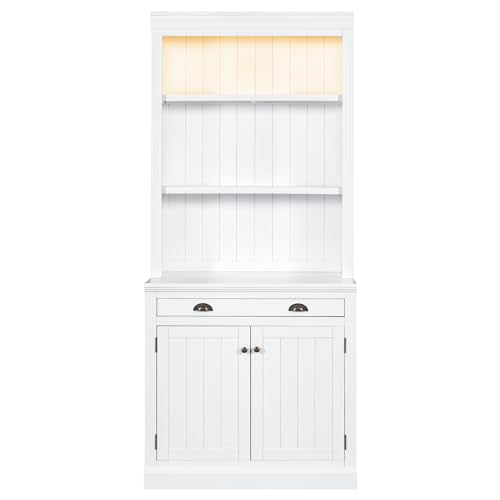 Merax 83.4" Tall Storage Bookshelf Bookcase Suite 2-Piece Set with LED Lighting,3 Drawer and Open Shelves for Home Office,White