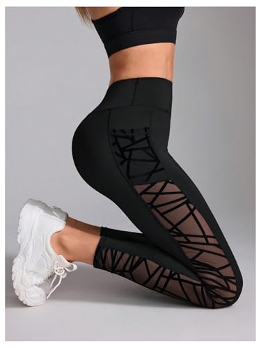 WDIRARA Women's Tummy Control Sheer High Waisted Leggings Stretchy Workout Yoga Pants