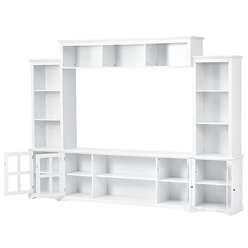 103" Minimalist Entertainment Center Wall Unit Set with Bridge for TVs Up to 75'',Ample Storage Space TV Stand W/Adjustable Shelves,Modernist Large Media Console for Living Room,White