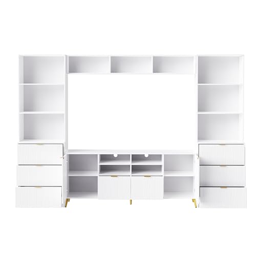 103" Minimalist Entertainment Center Wall Unit Set with Bridge for TVs Up to 75'',Ample Storage Space TV Stand W/Adjustable Shelves,Modernist Large Media Console for Living Room,White