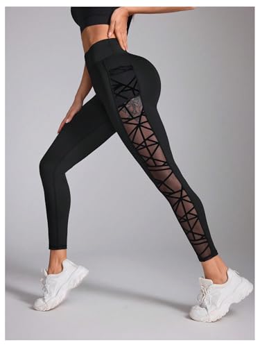 WDIRARA Women's Tummy Control Sheer High Waisted Leggings Stretchy Workout Yoga Pants