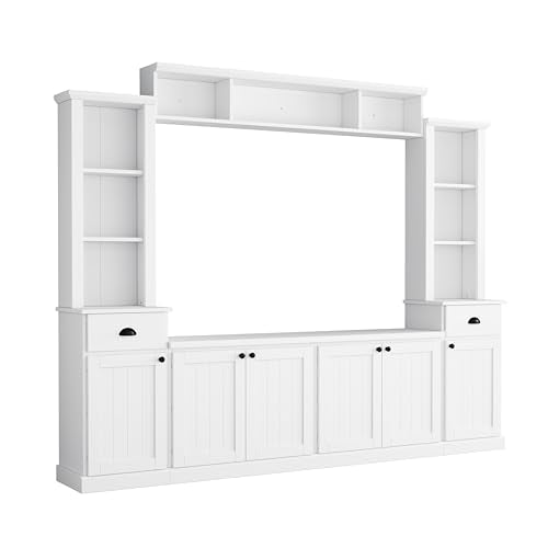 103" Minimalist Entertainment Center Wall Unit Set with Bridge for TVs Up to 75'',Ample Storage Space TV Stand W/Adjustable Shelves,Modernist Large Media Console for Living Room,White