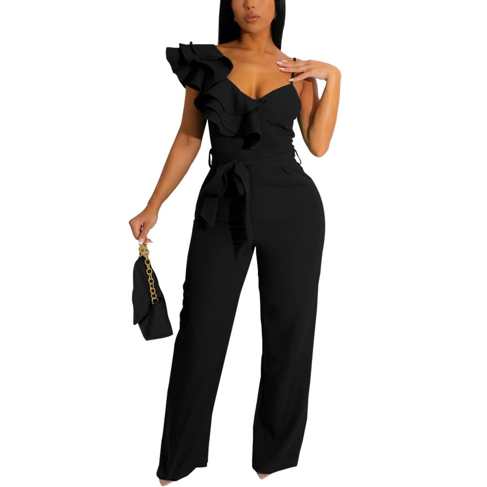 HBQ Womens Casual One Piece Jumpsuits V-Neck Sleeveless Ruffle Elegant Romper Wide Leg Pant Sexy Party Clubwear Overalls