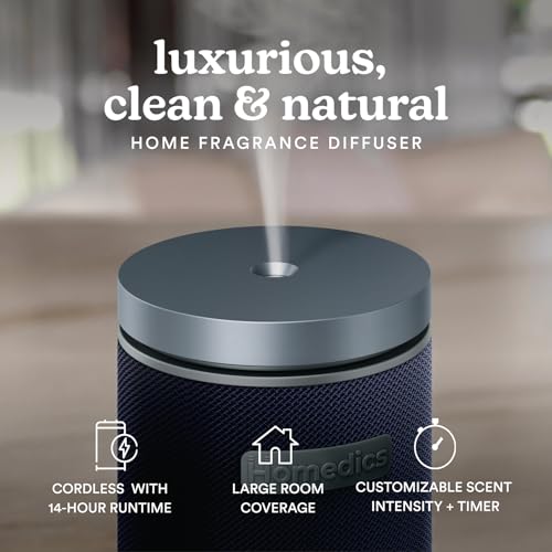 Homedics SereneScent Fabric Rechargeable Waterless Diffuser, Use with Homedics SereneScent Oil 120ml (Sold Separately) Cordless Aromatherapy, Adjustable Mist & Timer, 6 Calming Lights, Black
