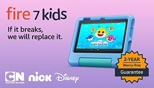 Amazon Fire 7 Kids tablet (newest model) ages 3-7. Top-selling 7" kids tablet on Amazon. Includes ad-free and exclusive content, easy parental controls, 10-hr battery, 16 GB, Blue