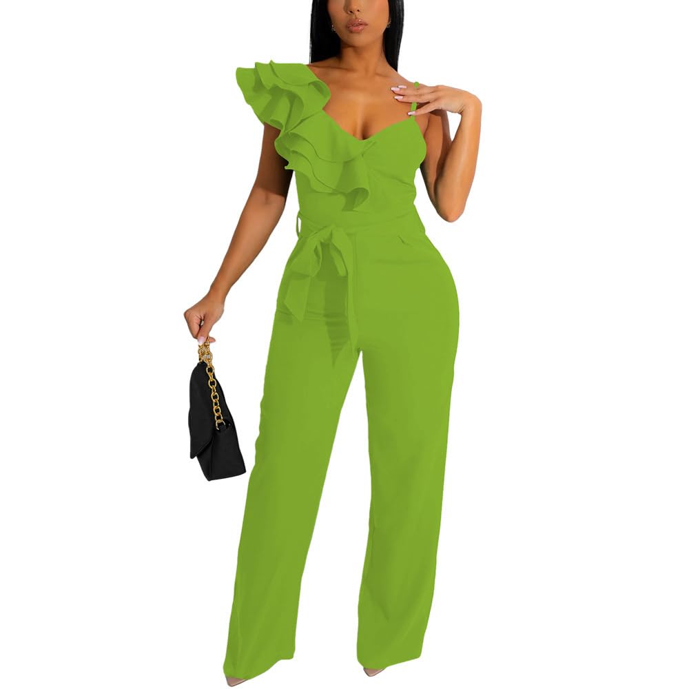 HBQ Womens Casual One Piece Jumpsuits V-Neck Sleeveless Ruffle Elegant Romper Wide Leg Pant Sexy Party Clubwear Overalls