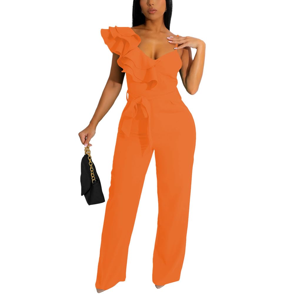 HBQ Womens Casual One Piece Jumpsuits V-Neck Sleeveless Ruffle Elegant Romper Wide Leg Pant Sexy Party Clubwear Overalls