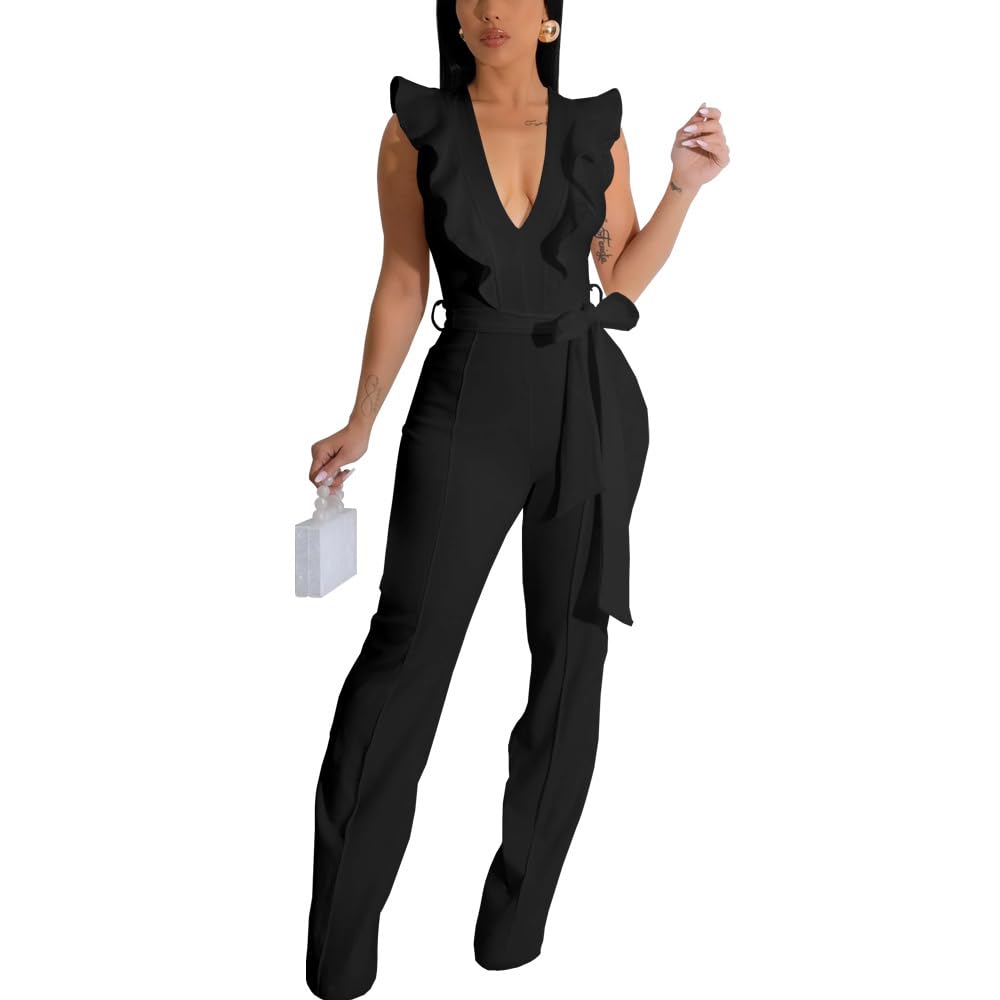 HBQ Womens Casual One Piece Jumpsuits V-Neck Sleeveless Ruffle Elegant Romper Wide Leg Pant Sexy Party Clubwear Overalls