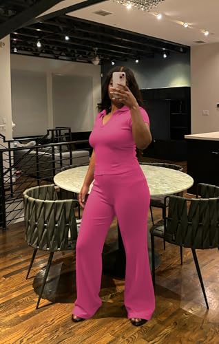 HBQ Women Two Piece Outfit Ribbed Short Sleeve V Neck Polo Top and Flare Pants Casual Lounge Sets Tracksuit