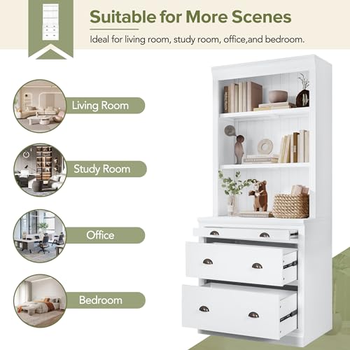 Merax 83.4" Tall Storage Bookshelf Bookcase Suite 2-Piece Set with LED Lighting,3 Drawer and Open Shelves for Home Office,White