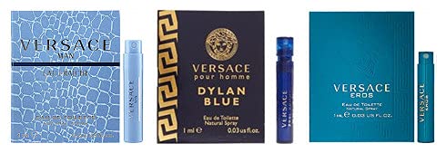 Set de 4 mini perfumes Versace para hombre: Eros, Pour Homme, Dylan Blue, Eau Fraiche. Muestras de perfumes para hombre (4 unidades, 0.17 oz). 