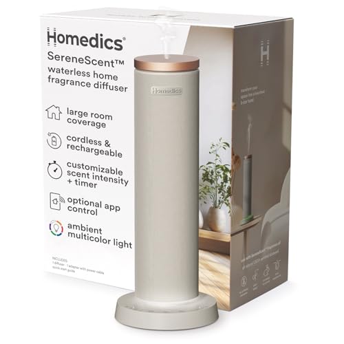 Homedics SereneScent Fabric Rechargeable Waterless Diffuser, Use with Homedics SereneScent Oil 120ml (Sold Separately) Cordless Aromatherapy, Adjustable Mist & Timer, 6 Calming Lights, Black