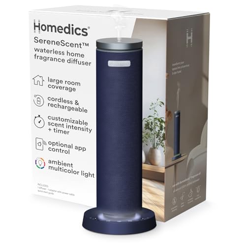 Homedics SereneScent Fabric Rechargeable Waterless Diffuser, Use with Homedics SereneScent Oil 120ml (Sold Separately) Cordless Aromatherapy, Adjustable Mist & Timer, 6 Calming Lights, Black
