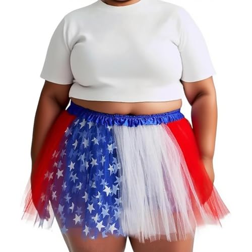 Plus Size Women Adult Red White Blue Running Tutu Skirt,Teens 4th of July Tutu L/3XL USA Star Tulle Skirt Patriotic Costume