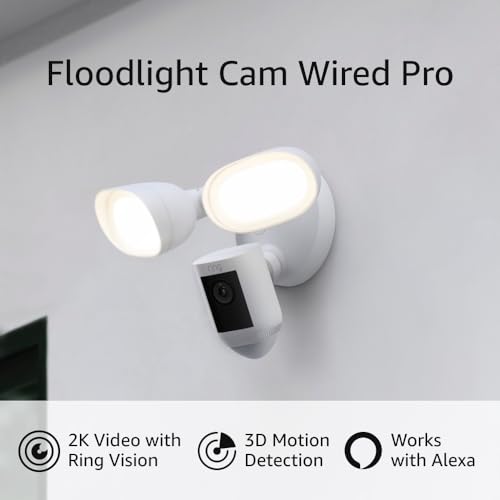 Ring Floodlight Cam Wired Pro with Bird’s Eye View and 3D Motion Detection, White