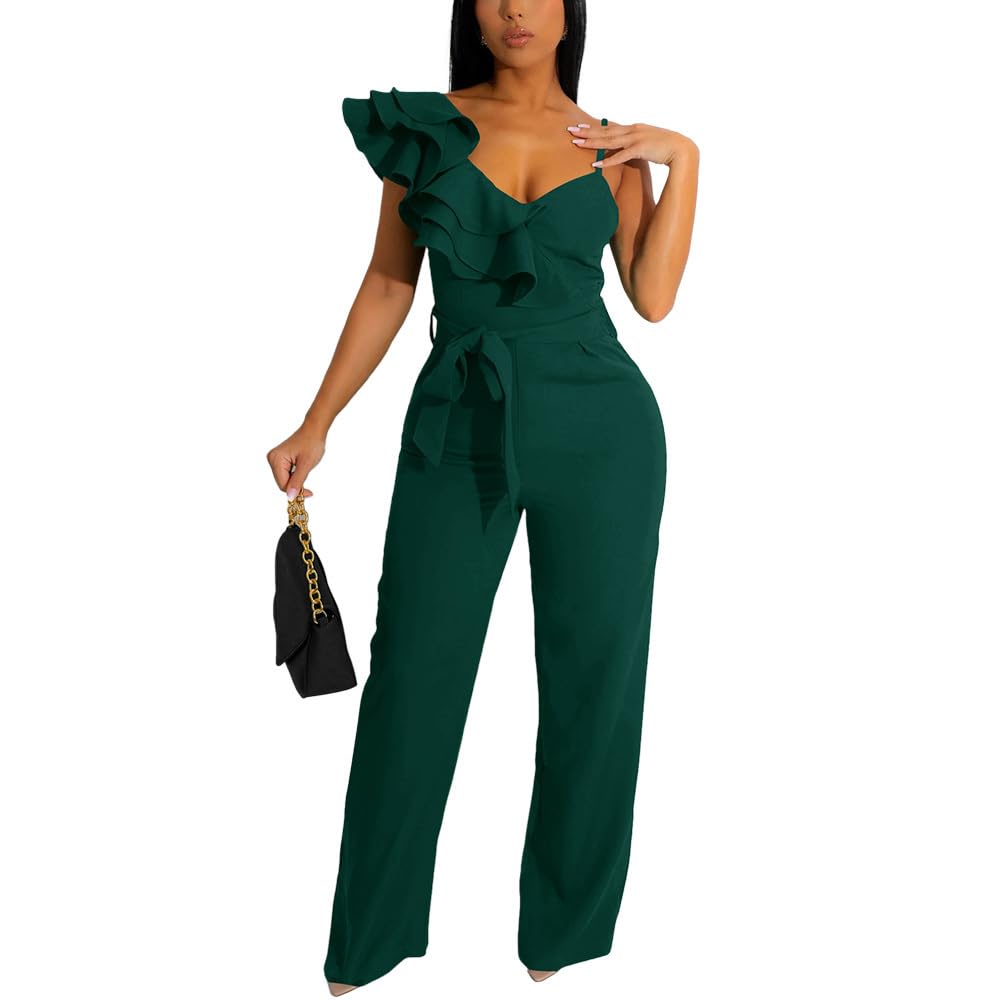 HBQ Womens Casual One Piece Jumpsuits V-Neck Sleeveless Ruffle Elegant Romper Wide Leg Pant Sexy Party Clubwear Overalls