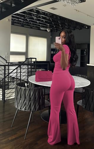 HBQ Women Two Piece Outfit Ribbed Short Sleeve V Neck Polo Top and Flare Pants Casual Lounge Sets Tracksuit