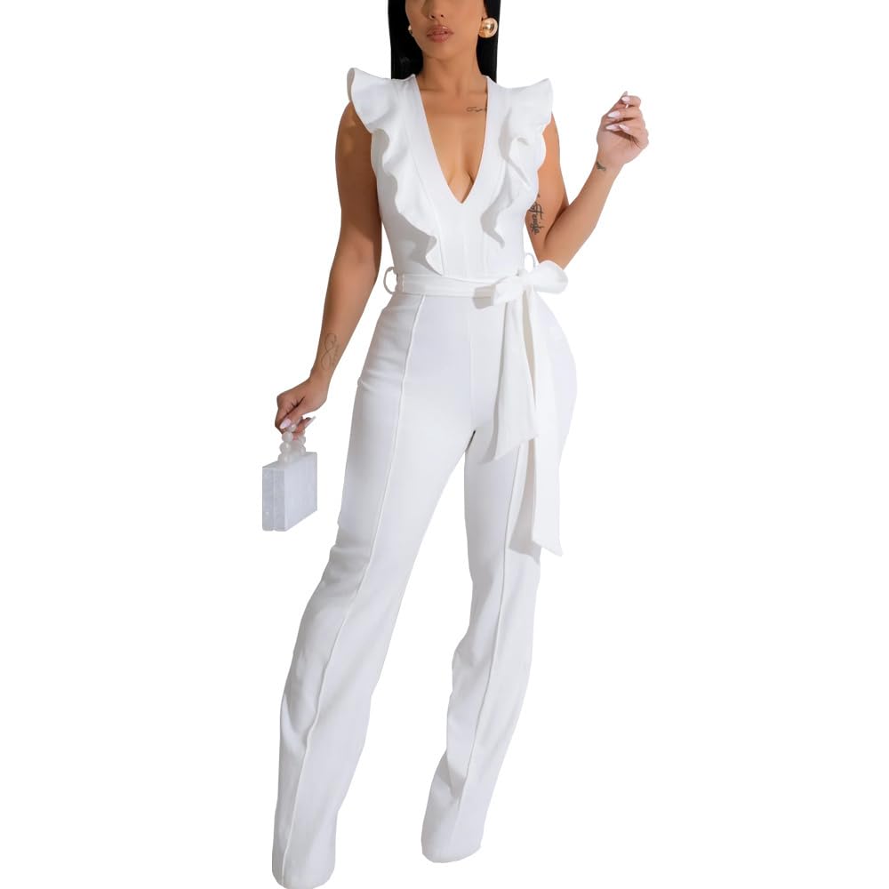 HBQ Womens Casual One Piece Jumpsuits V-Neck Sleeveless Ruffle Elegant Romper Wide Leg Pant Sexy Party Clubwear Overalls