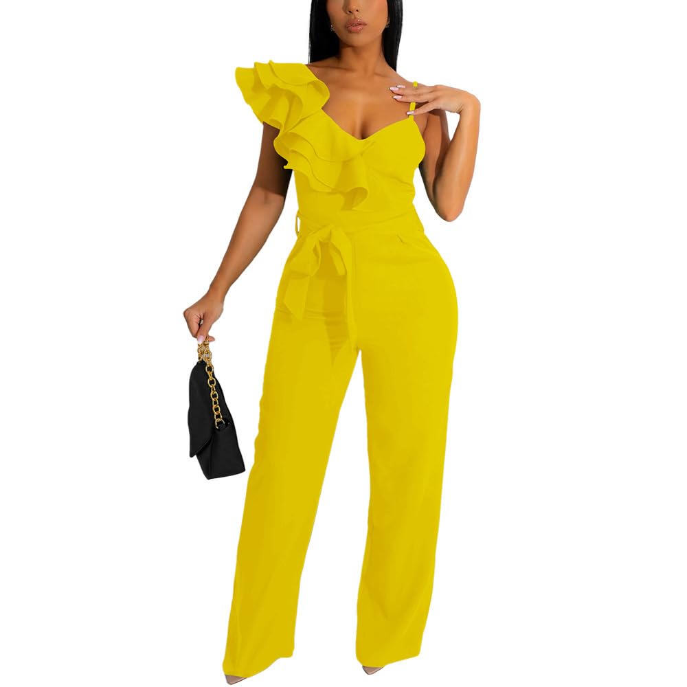 HBQ Womens Casual One Piece Jumpsuits V-Neck Sleeveless Ruffle Elegant Romper Wide Leg Pant Sexy Party Clubwear Overalls