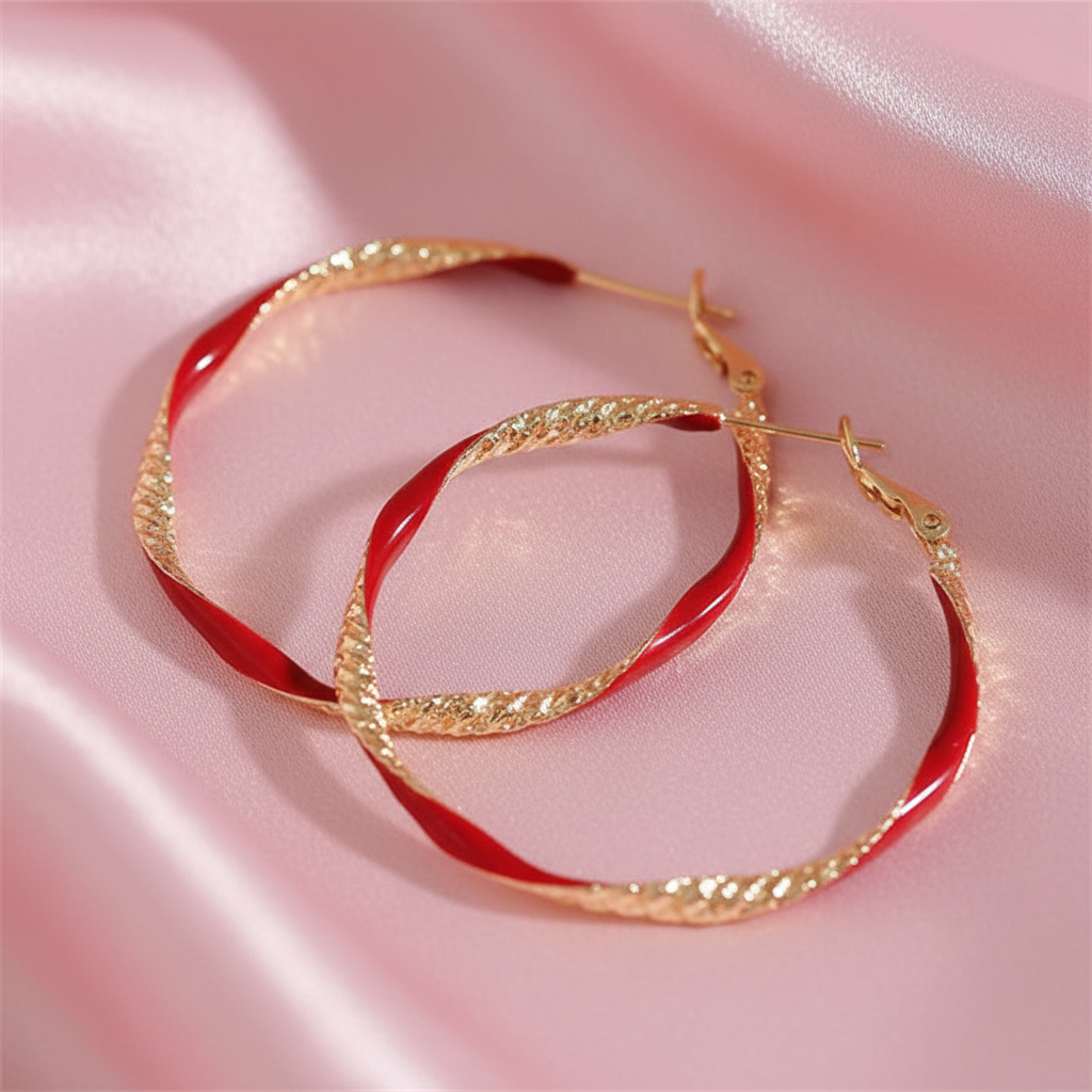 18 Karate Gold - Plated Hoop Earrings with a Red tone Color