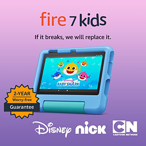 Amazon Fire 7 Kids tablet (newest model) ages 3-7. Top-selling 7" kids tablet on Amazon. Includes ad-free and exclusive content, easy parental controls, 10-hr battery, 16 GB, Blue