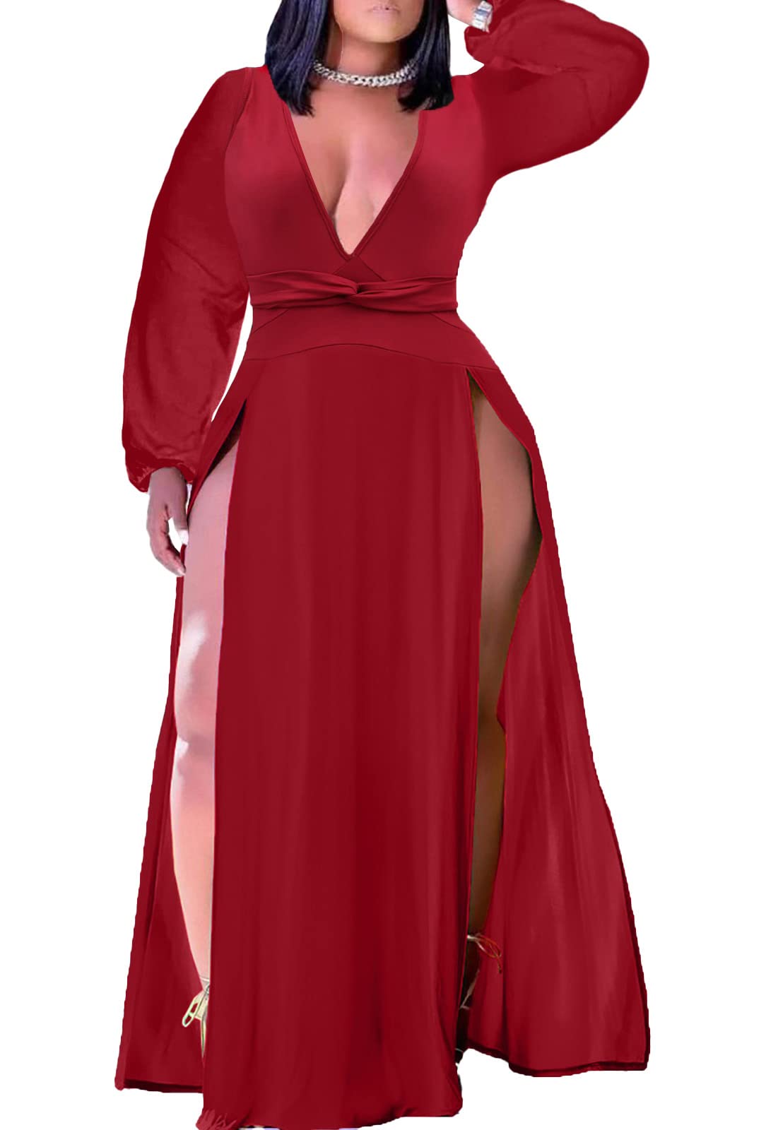 Women's Plus Size Maxi Wrap Dress Sleeveless Deep V Neck Split Dress