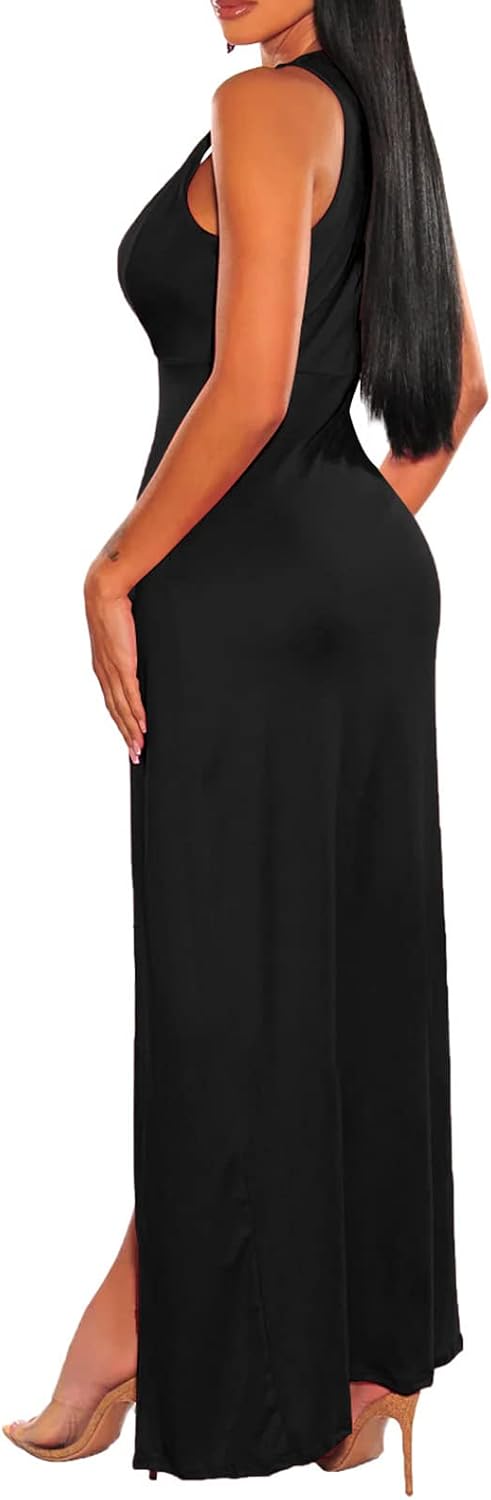 Women's Plus Size Maxi Wrap Dress Sleeveless Deep V Neck Split Dress